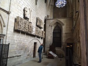 person looking up inside the morning chapel of Lincoln cathedral